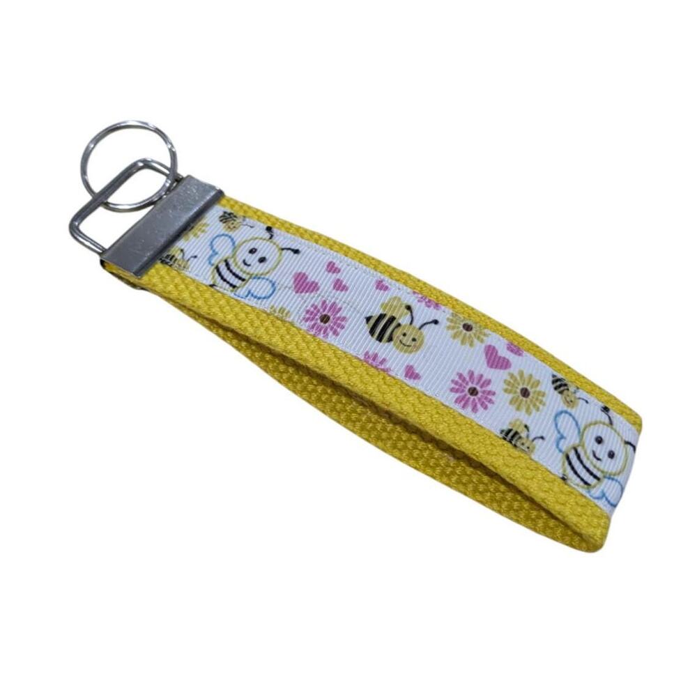 Bumblebee Keychain Wristlet Handmade Fabric Key FOB Charm‎ Bee Flowers Hearts